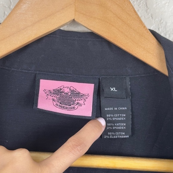 Harley Davidson Black Zip Front Short Sleeve Rhinestone Top Size XL Women - Picture 7 of 10